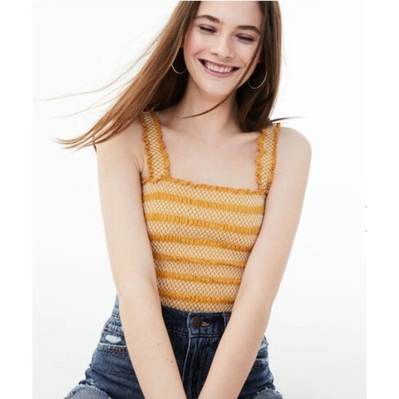 Aeropostale Embroidered Striped Wide Strap Cropped Smocked Tank Top Black XL - Picture 11 of 11